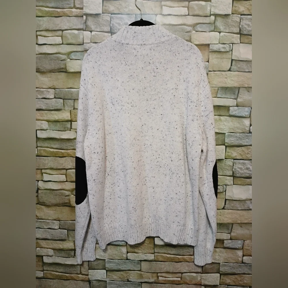 Mens Large Chaps Tweed Mock Neck Popover Sweater Elbow Patch Oatmeal Speck - Picture 3 of 5